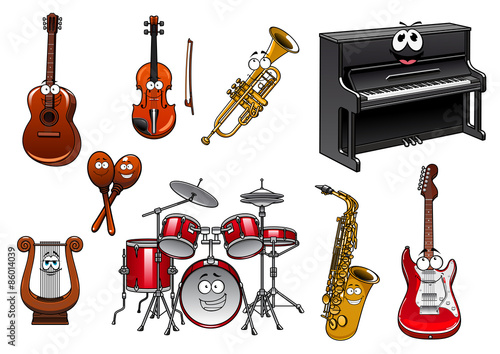 Funny musical instruments cartoon characters