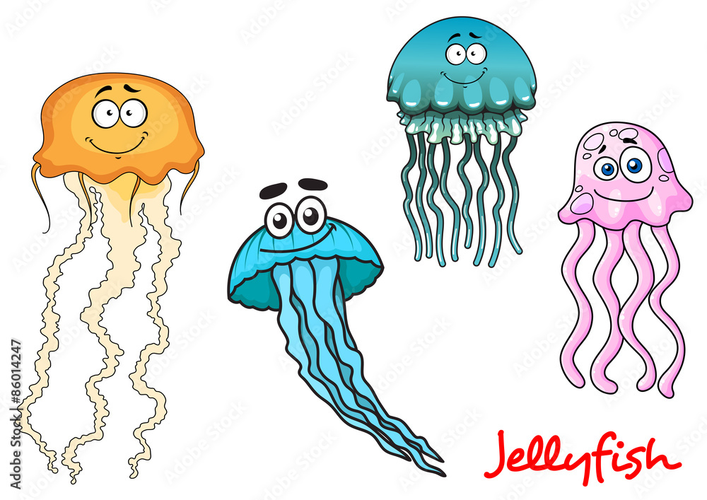 Fototapeta premium Blue, yellow and pink jellyfishes characters
