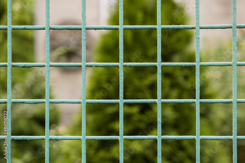Green new metal grille fence macro and nature background