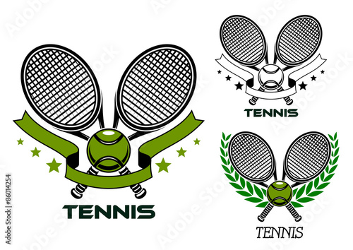 Emblems of crossed tennis rackets with balls