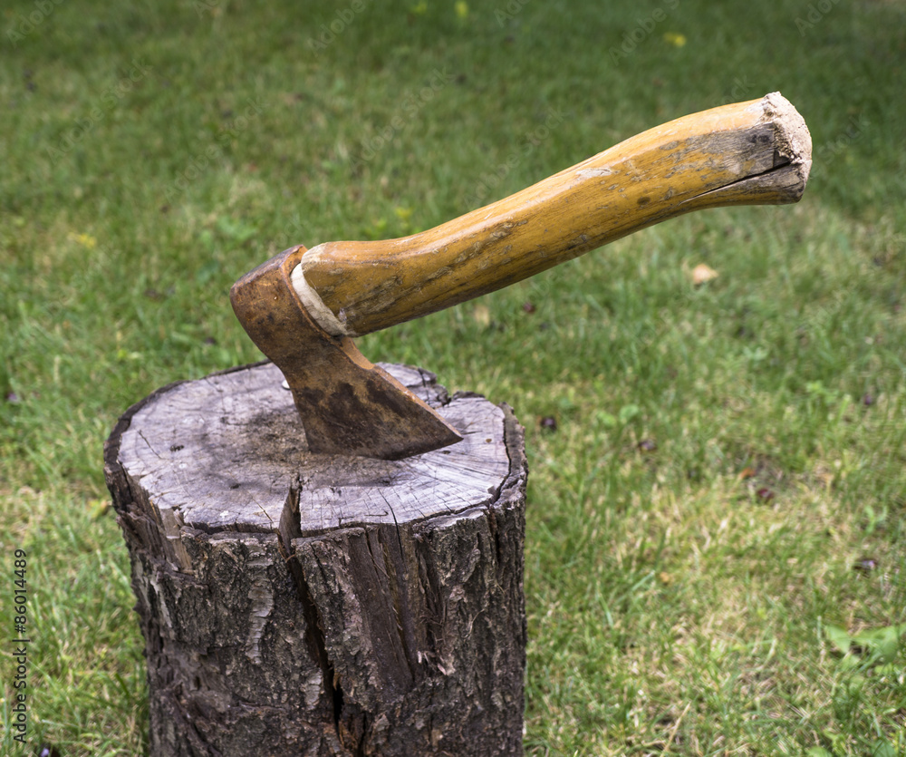 Ax driven into the wood timber in the yard on background of green grass
