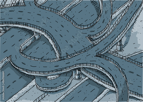 An empty cartoon highway backdrop with curving onramps and offramps and overpasses.