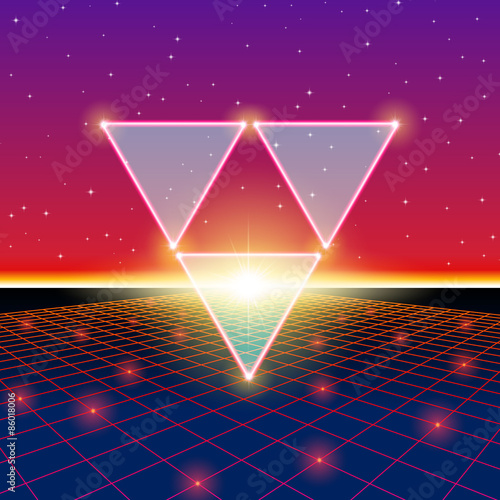 Retro styled futuristic landscape with triangles and shiny grid