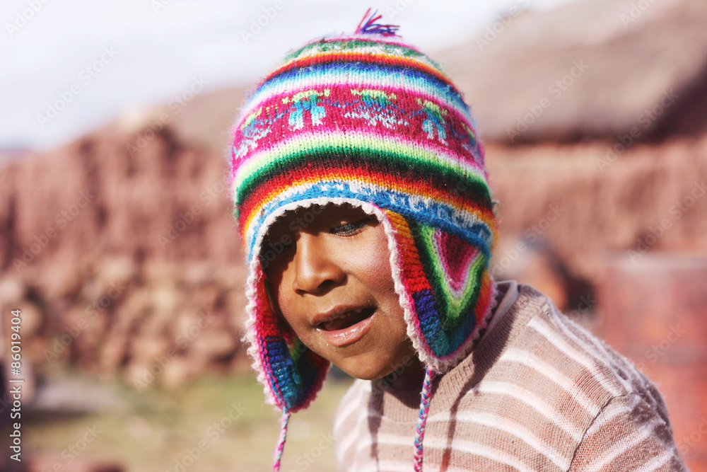 Peruvian boy with chullo - obrazy, fototapety, plakaty 