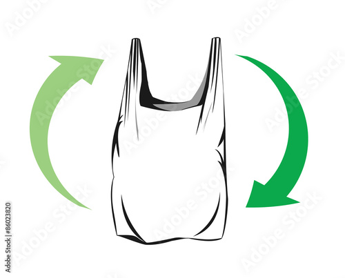 Vector drawing of a plastic bag with green arrows  representing recycling