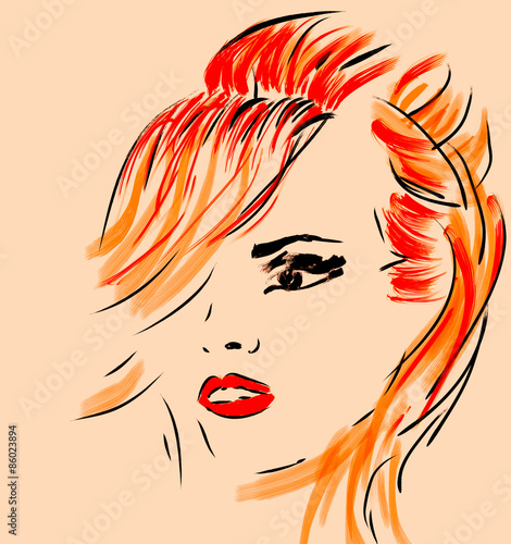 Woman Face Illustration in Retro Style. Portrait of a Ginger Hair Girl