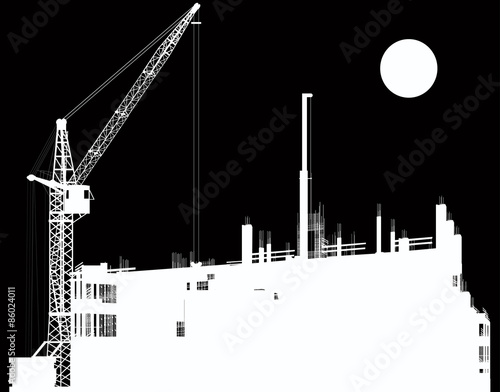 industrial crane and building on black