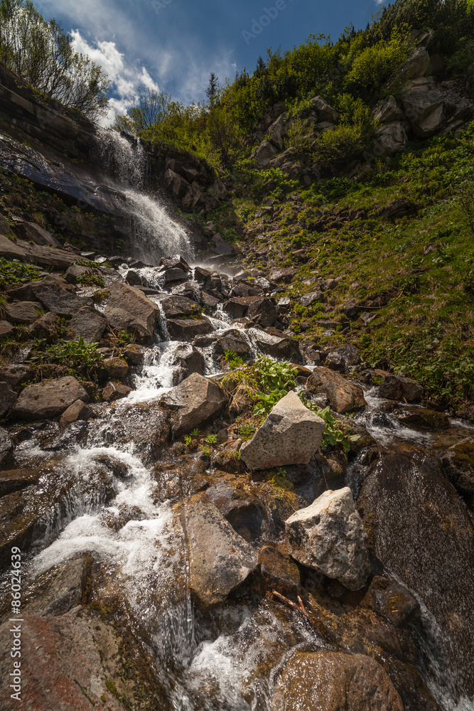 Beautiful small waterfall In Mountains, Ukraine.