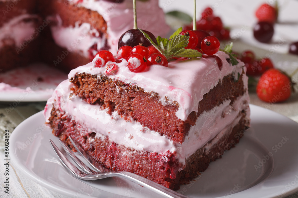piece of homemade cake with fresh berries close-up. Horizontal
