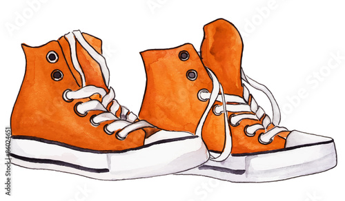 Watercolor orange sneakers pair vector isolated