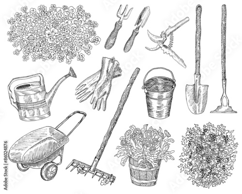 Black and white set with garden tools