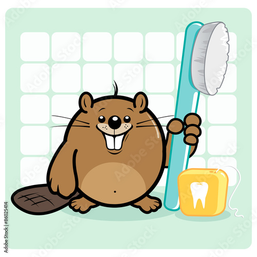 Cartoon beaver holding a toothbrush and dental floss. Vector illustration
