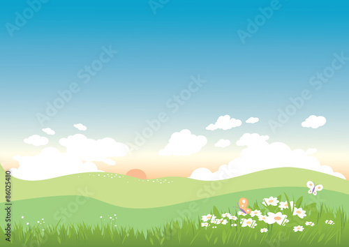 Illustration background of a spring or summer landscape with flowers and butterflies. Vector illustration