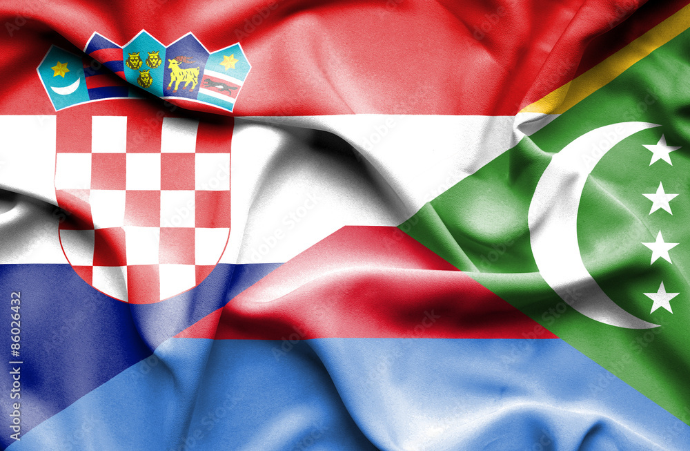 Fototapeta premium Waving flag of Comoros and Croatia