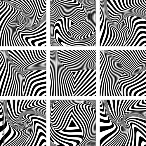 Torsion illusion. Op art patterns set.