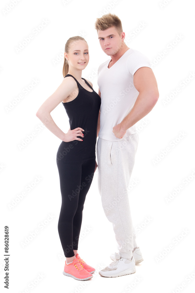 full length portrait of young sporty man and woman in sportswear full length portrait of young sporty man and woman in sportswear