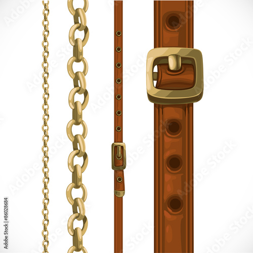 Leather belts with brass buckles and large and small seamless ch