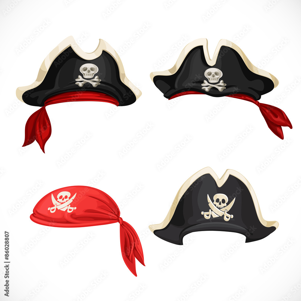 Set of pirate hats and bandana with Jolly Roger