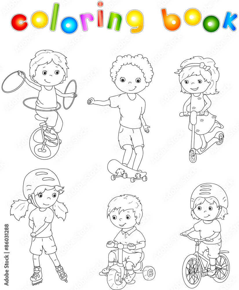 Children riding unicycle, bicycle and scooter, rollerblading and Children riding unicycle, bicycle and scooter, rollerblading and