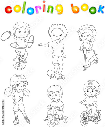 Children riding unicycle, bicycle and scooter, rollerblading and