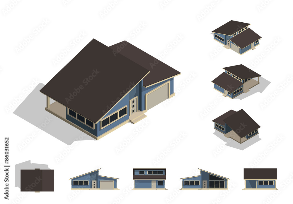 Set of isolated house building kit creation, detailed urban and rural house concept design in