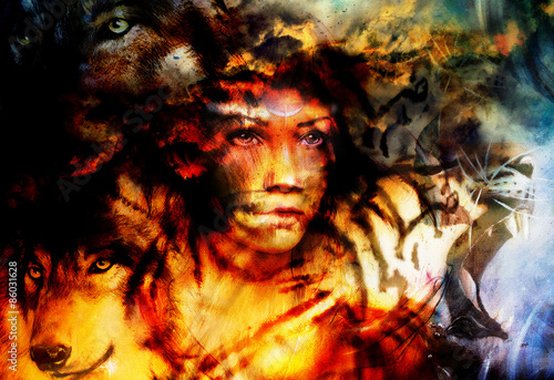 woman portrait with tigerand wolf, color painting collage