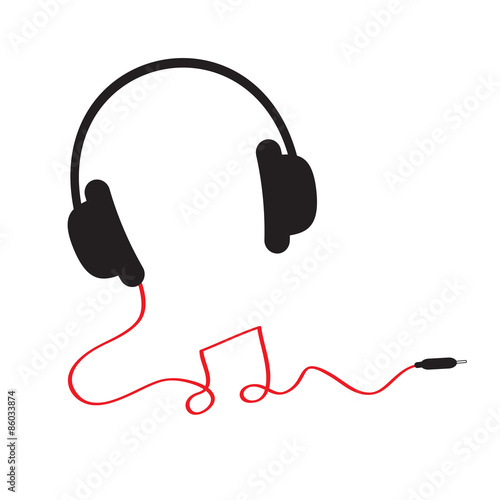 Black headphones icon with red cord in shape of note Music background Isolated Flat design