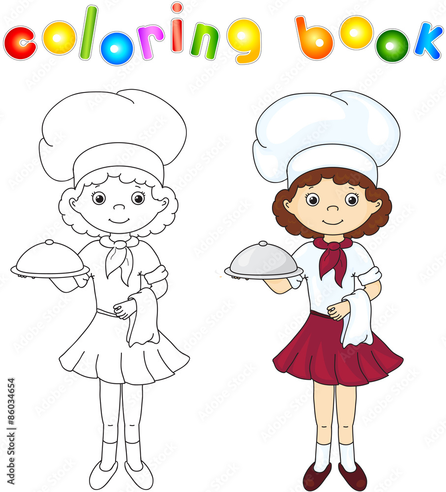Cook or waiter in their uniform with closed dish. Coloring book. Cook or waiter in their uniform with closed dish. Coloring book.