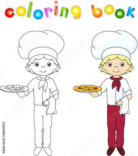 Cook or waiter in his uniform with cake and pizza. Coloring book