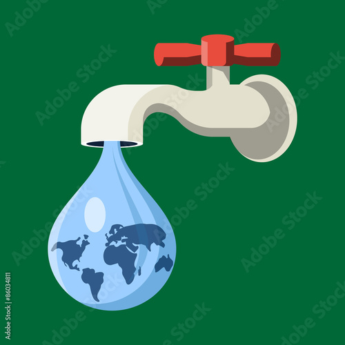 Water Tap with Earth Globe Drop .Vector Flat Illustration