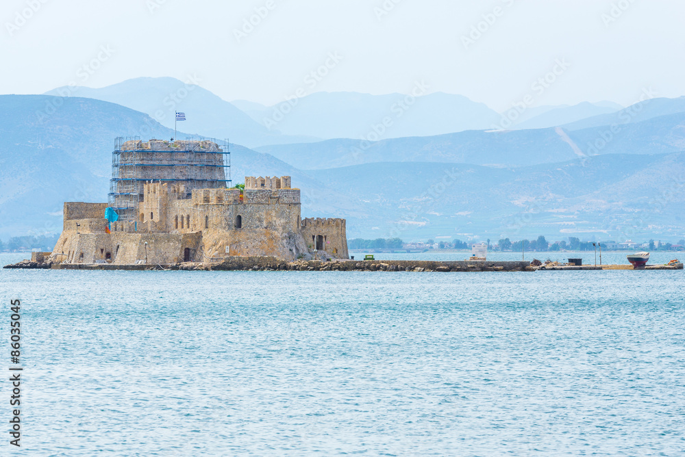 The castle of Bourtzi is located in the middle of the harbour of Nafplio (Greece)