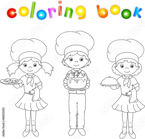 Cook, waiter, confectioner in their uniform. Coloring book