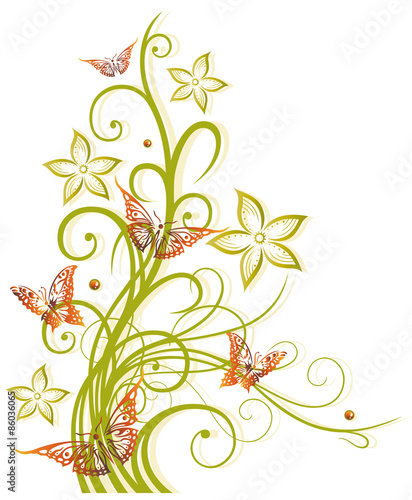 Frühlingshafte Blumenranke mit grünen Blättern und zarten Schmetterlingen