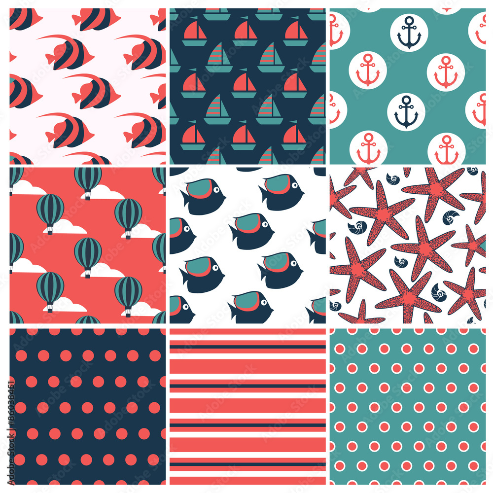 Naklejka set of marine seamless patterns