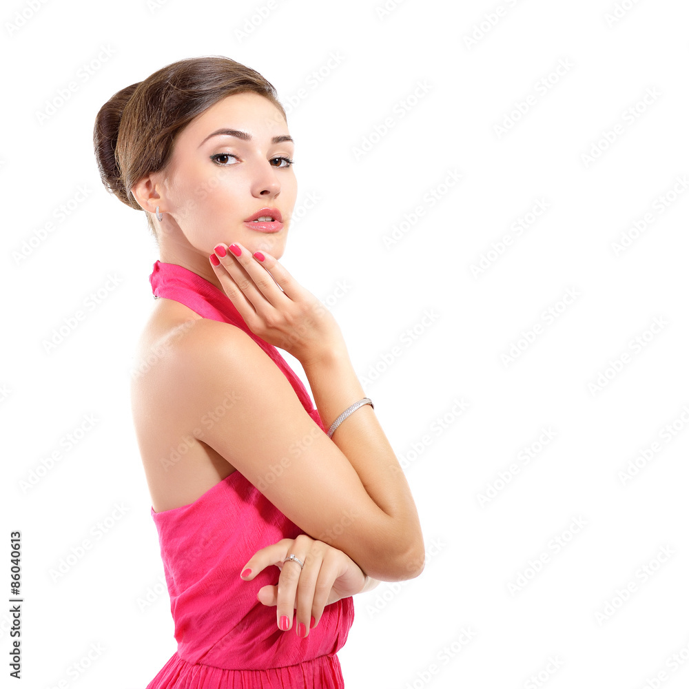 Beauty portrait of young fresh attractive woman in pink dress Beauty portrait of young fresh attractive woman in pink dress