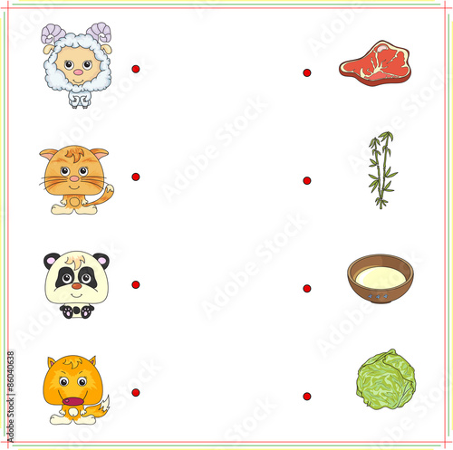 Lamb, kitten, panda and fox with their food (meat, milk, bamboo
