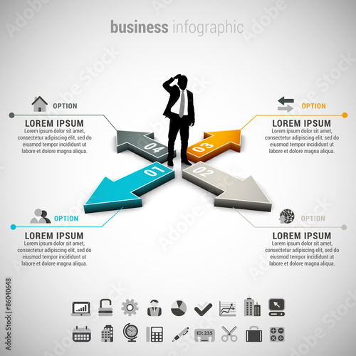 Business infographic made of businessman and arrows.