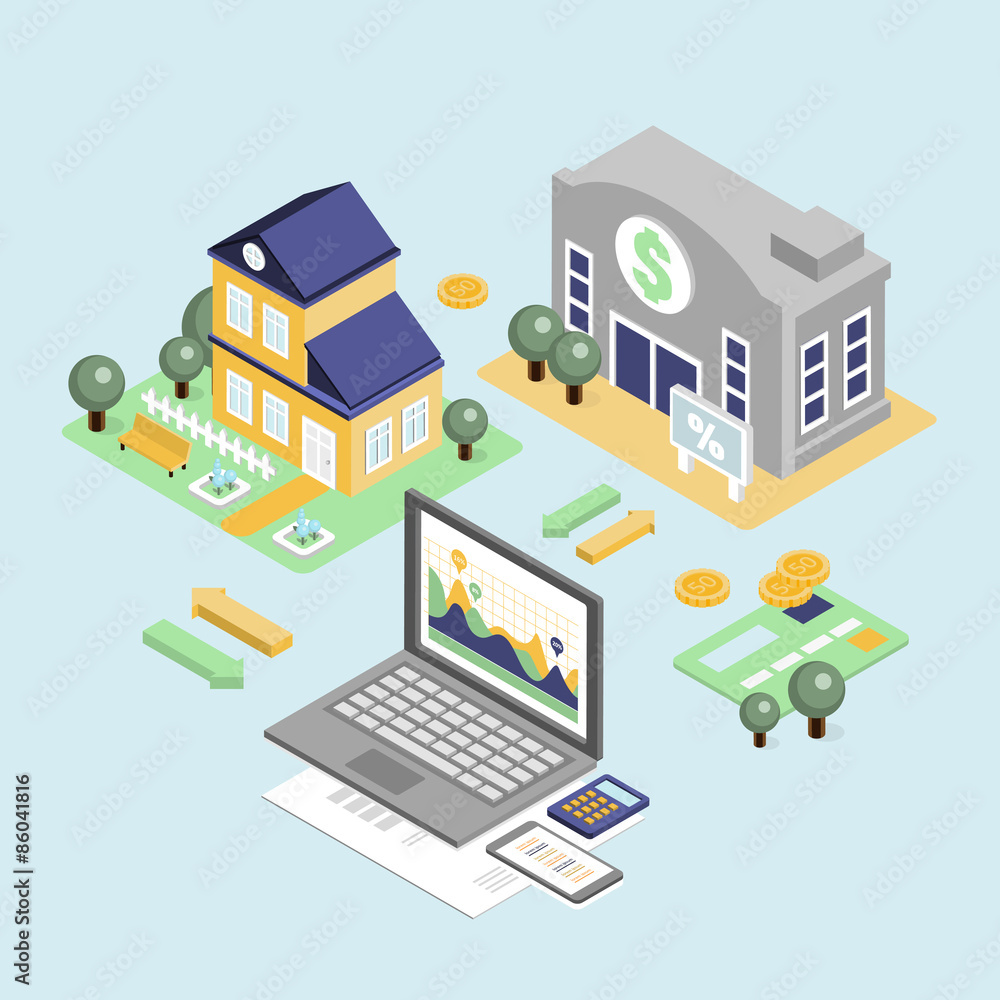 Bank Credit and Home Loan Concept with Isometric House Bank Credit and Home Loan Concept with Isometric House