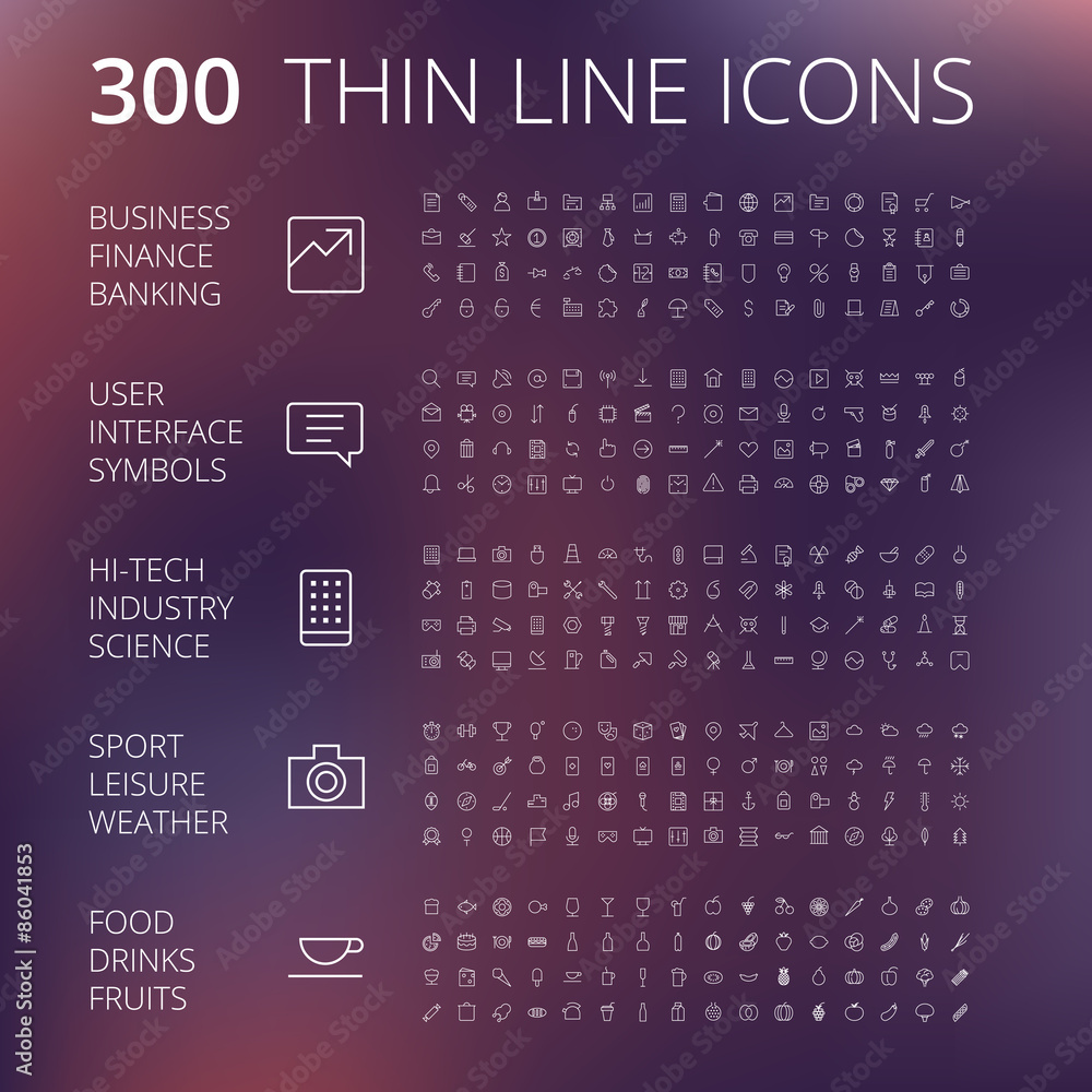 Thin Line Icons For Business, Technology and Leisure - obrazy, fototapety, plakaty 