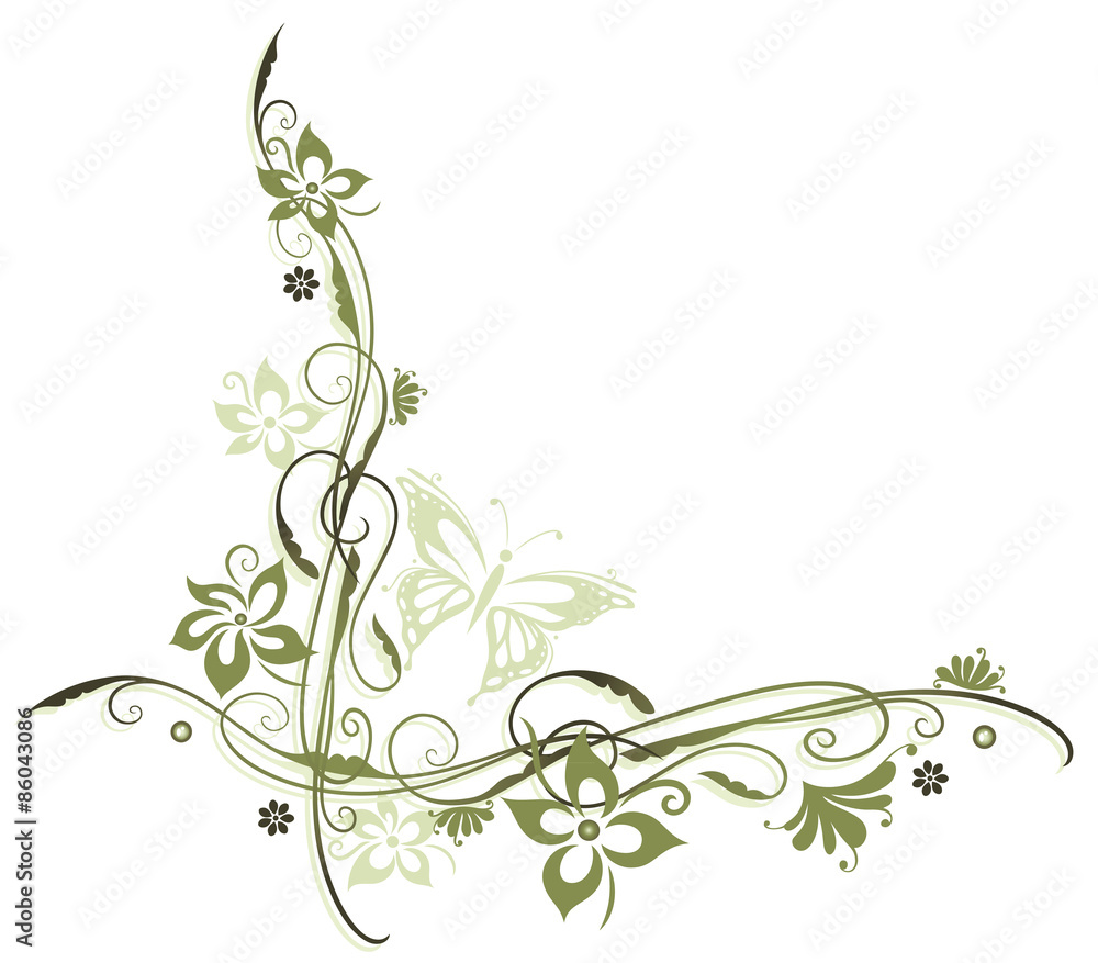 Ranke mit Blumen in oliv und lindgrün mit Schmetterling. Ranke mit Blumen in oliv und lindgrün mit Schmetterling.