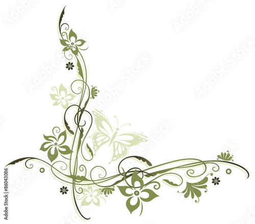 Ranke mit Blumen in oliv und lindgrün mit Schmetterling.