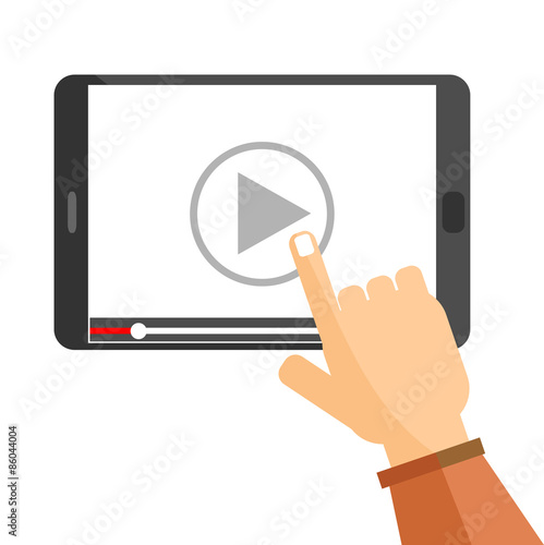 hand pointing to play button on a tablet computer with video player on the screen