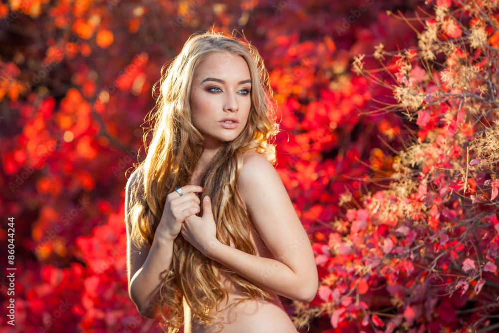 young woman on a background of red and yellow autumn leaves with young woman on a background of red and yellow autumn leaves with