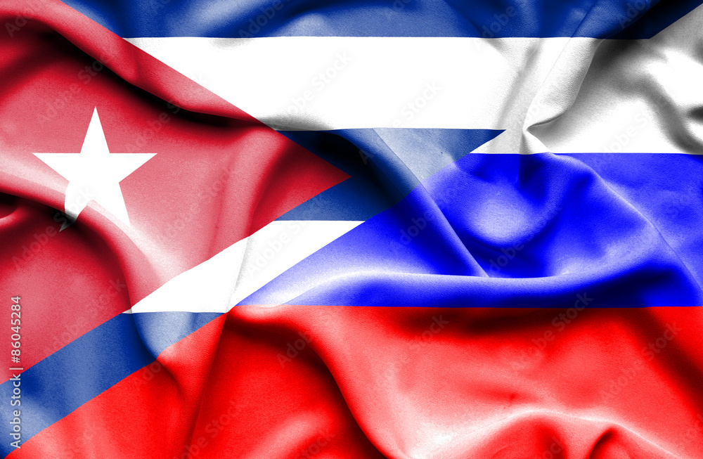 Waving flag of Russia and Cuba