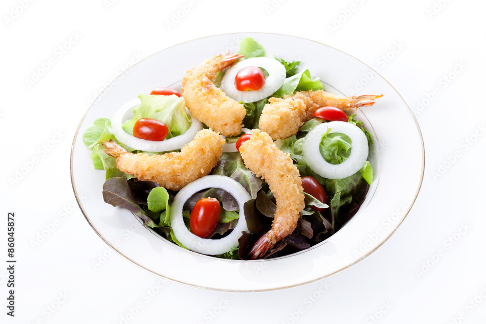 Deep fried shrimp with salad and mayonnaise on dish Deep fried shrimp with salad and mayonnaise on dish