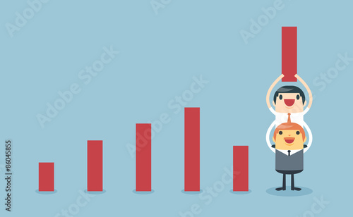Businessman lifting increase graph with support from the boss an