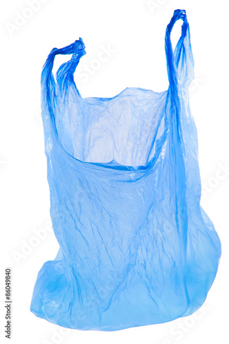sac plastique bleu sur fond blanc