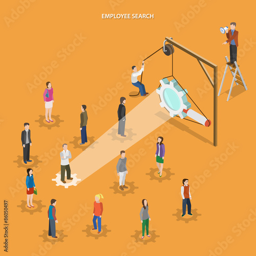 Employee search flat isometric vector concept.