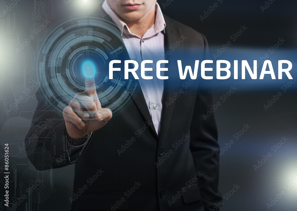 Businessman presses button free webinar on virtual screens. Busi Businessman presses button free webinar on virtual screens. Busi