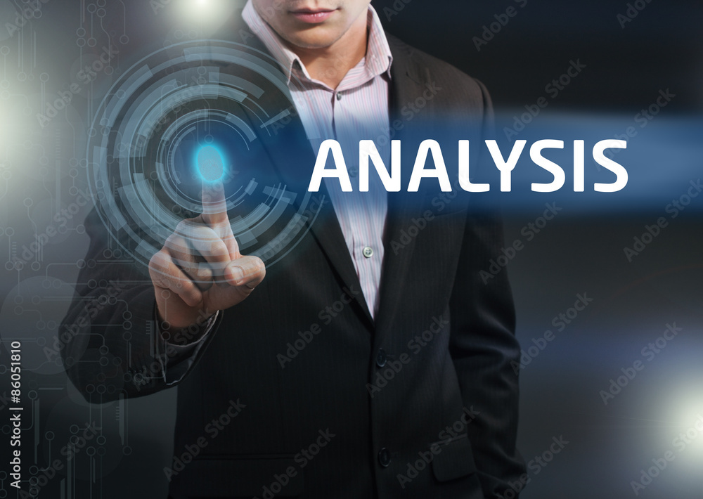 Businessman presses button analysis on virtual screens. Business Businessman presses button analysis on virtual screens. Business